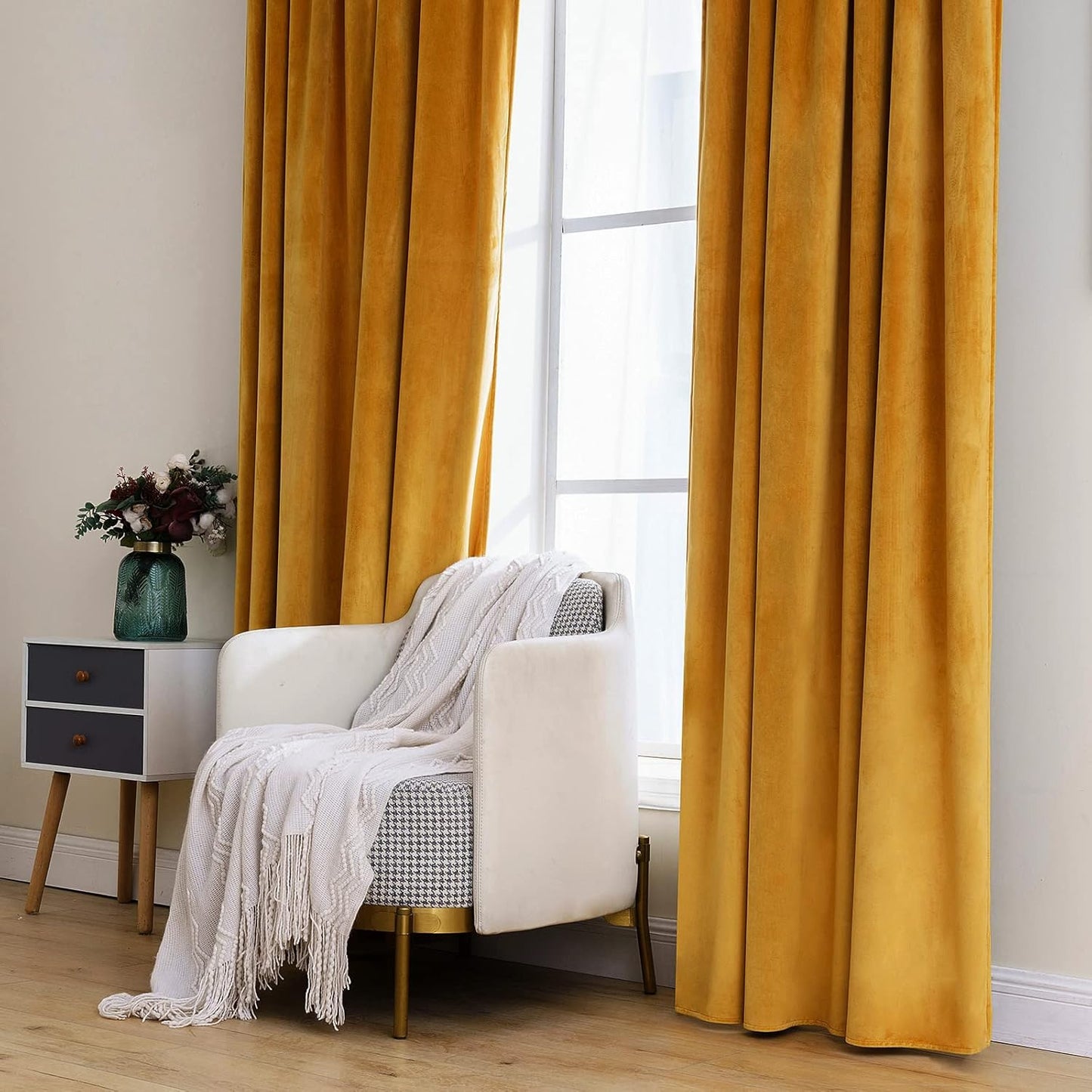 MIULEE Velvet Curtains 90 inches 2 Panels - Pinch Pleat Luxury Room Darkening Curtains for Bedroom Living Room Thermal Insulated Super Soft Fall Window Drapes Rod Pocket Pinch Pleated, Mustard Yellow