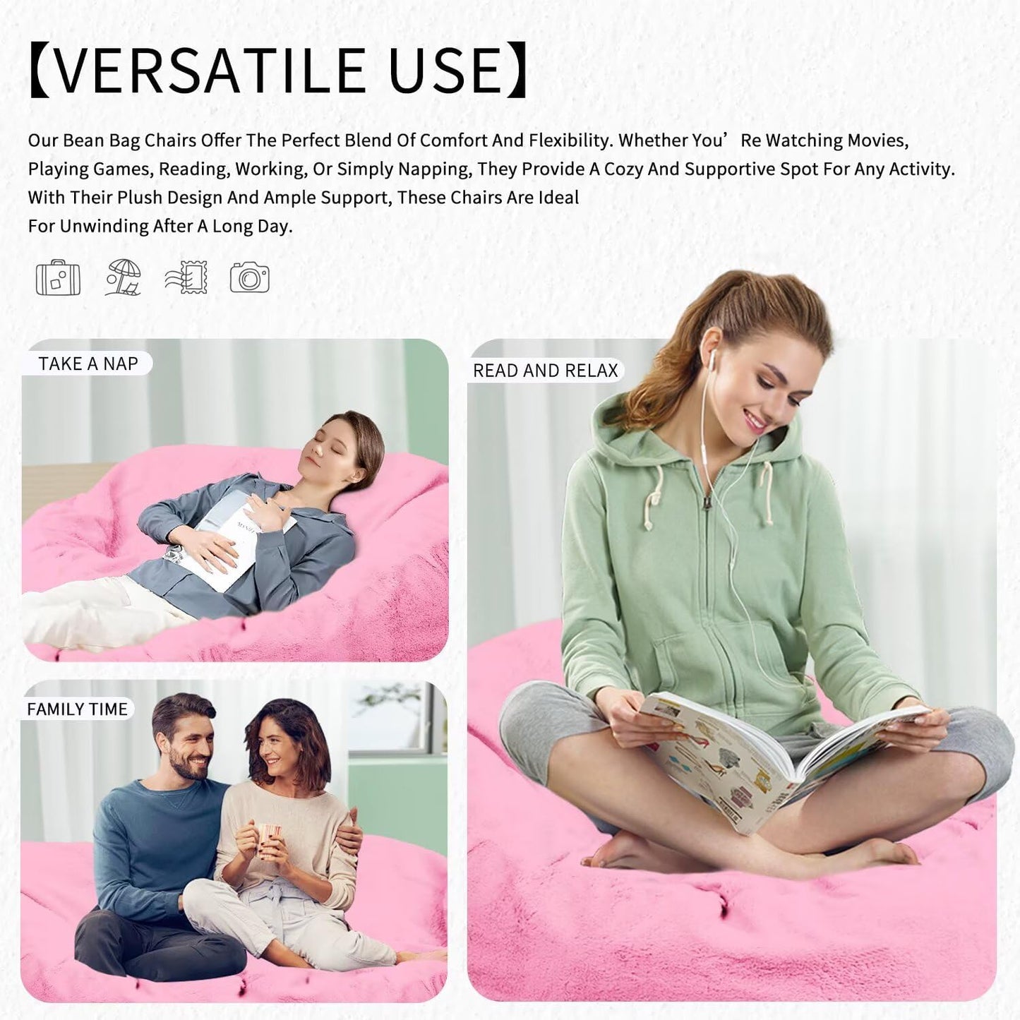 Bean Bag Chair for Adults 7FT,Soft Removable Cover for Teens/Girls Bedroom,Fluffy Giant Round Floor Beanbag Lounger Chairs (No Filler,Pink)