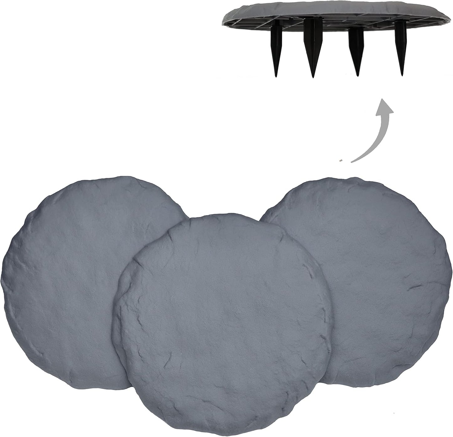 Ei Circular 15.5” Stepping Stones with Ground Stakes - Home or Garden Step Stones for Outdoor Walkway or Pathway Pavers - Resin Material (4, Light Grey Stone)