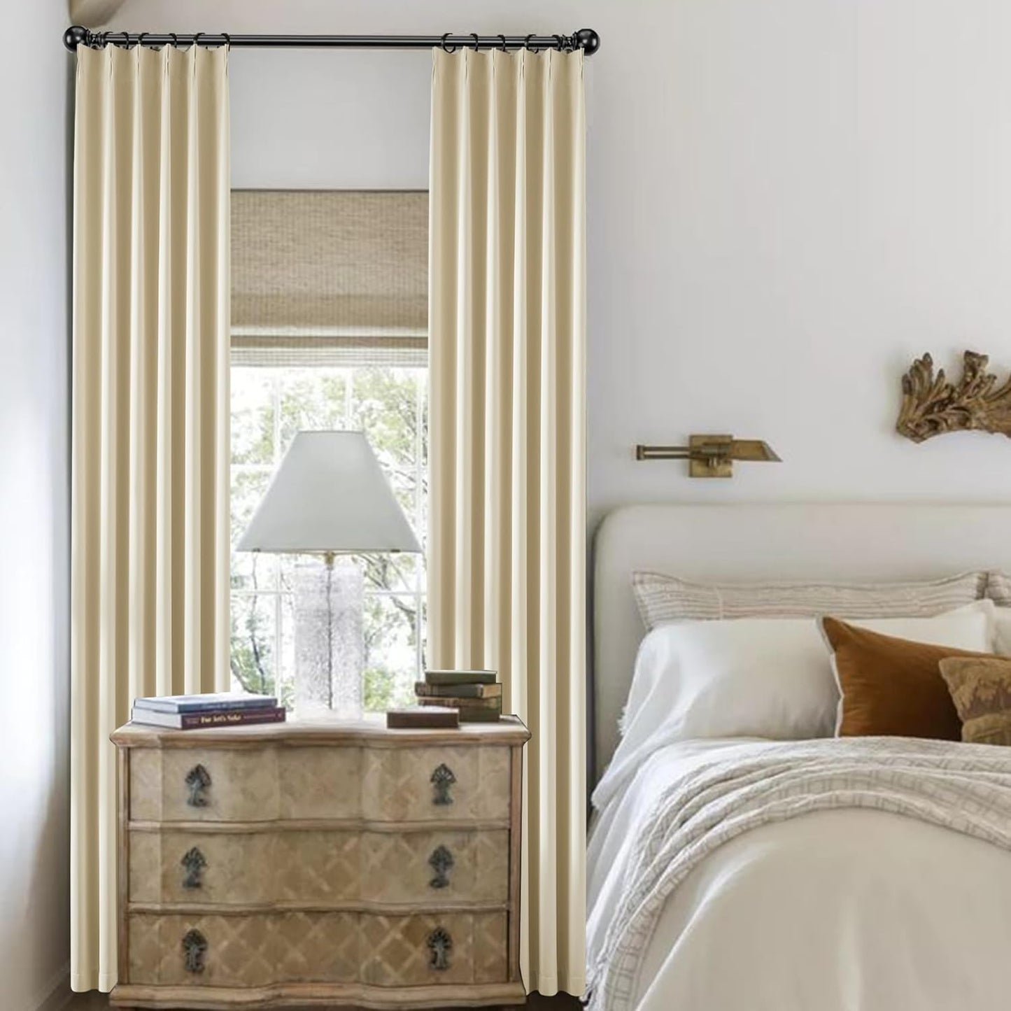 KangBang Cream Beige Pinch Pleat Room Darkening Curtains 96 Inches Long with Hooks, Energy Saving Blackout Memory Trained Pleated Window Treatments for Nursery Living Room, 40x96 Inch, 2 Panels