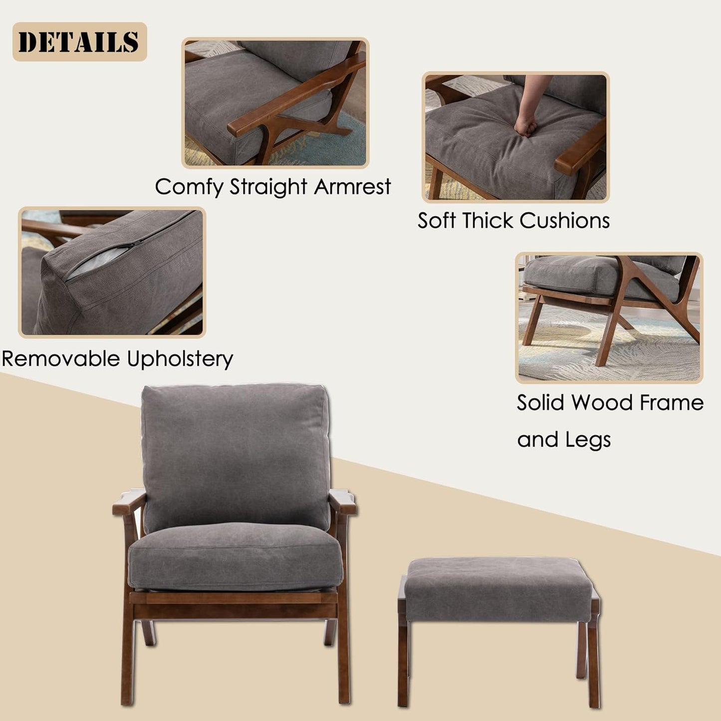 chairus 2 Sets Mid-Century Modern Accent Chairs with Ottoman, Linen Fabric Armchair with Wood Legs Comfy Upholstered Single Sofa Chair for Living Room/Bedroom/Lounge, Grey