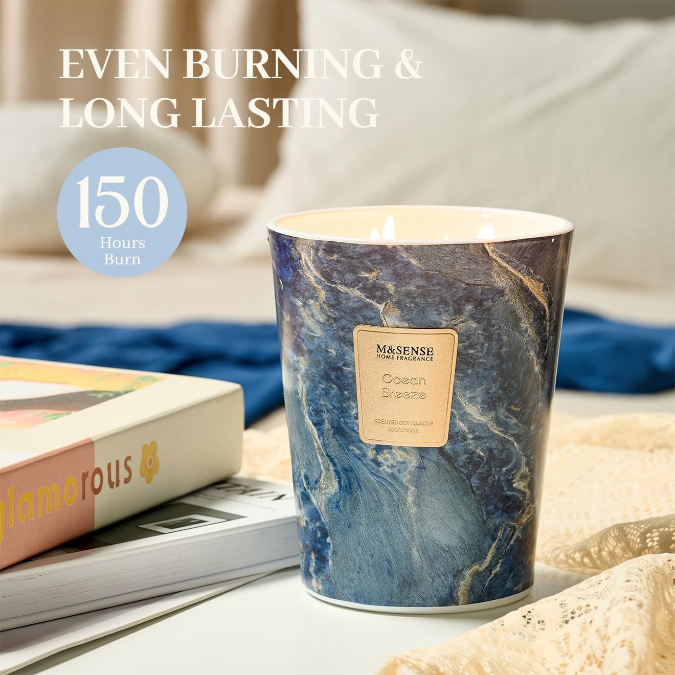 M&SENSE Ocean Breeze Scented Candles for Home, 3-Wick Highly Scented Jar Candles, 35 Oz 150 Hours Long Lasting Burning Candles Gifts for Women, Relaxing Aromatherapy Candle for Stress Relief