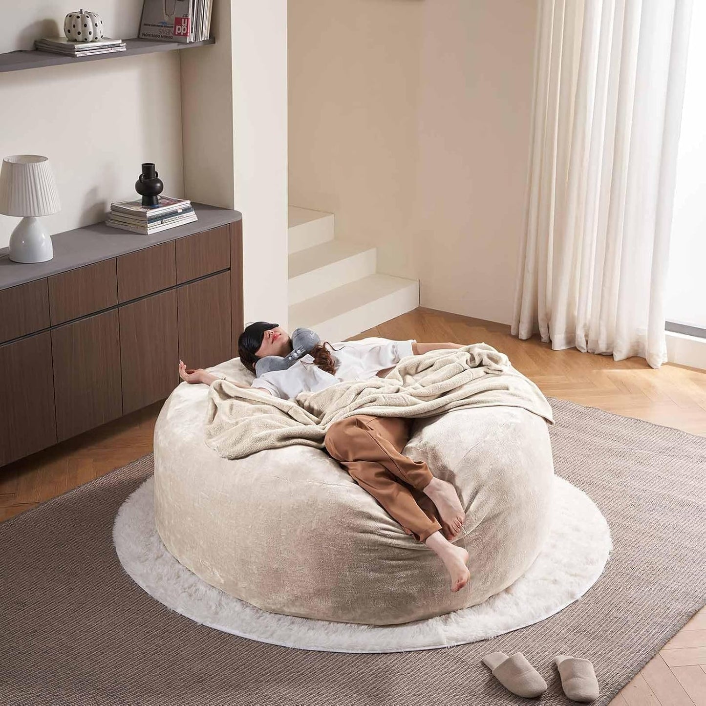 6FT,Oversized Bean Bag Chairs for Adults,Giant beanbag with Filler Included,Fluffy Memory Foam,Soft and Comfy Corduroy Fabric,Gaming Chairs Suitable for Living Room and Bedroom (Apricot, 6 Foot)