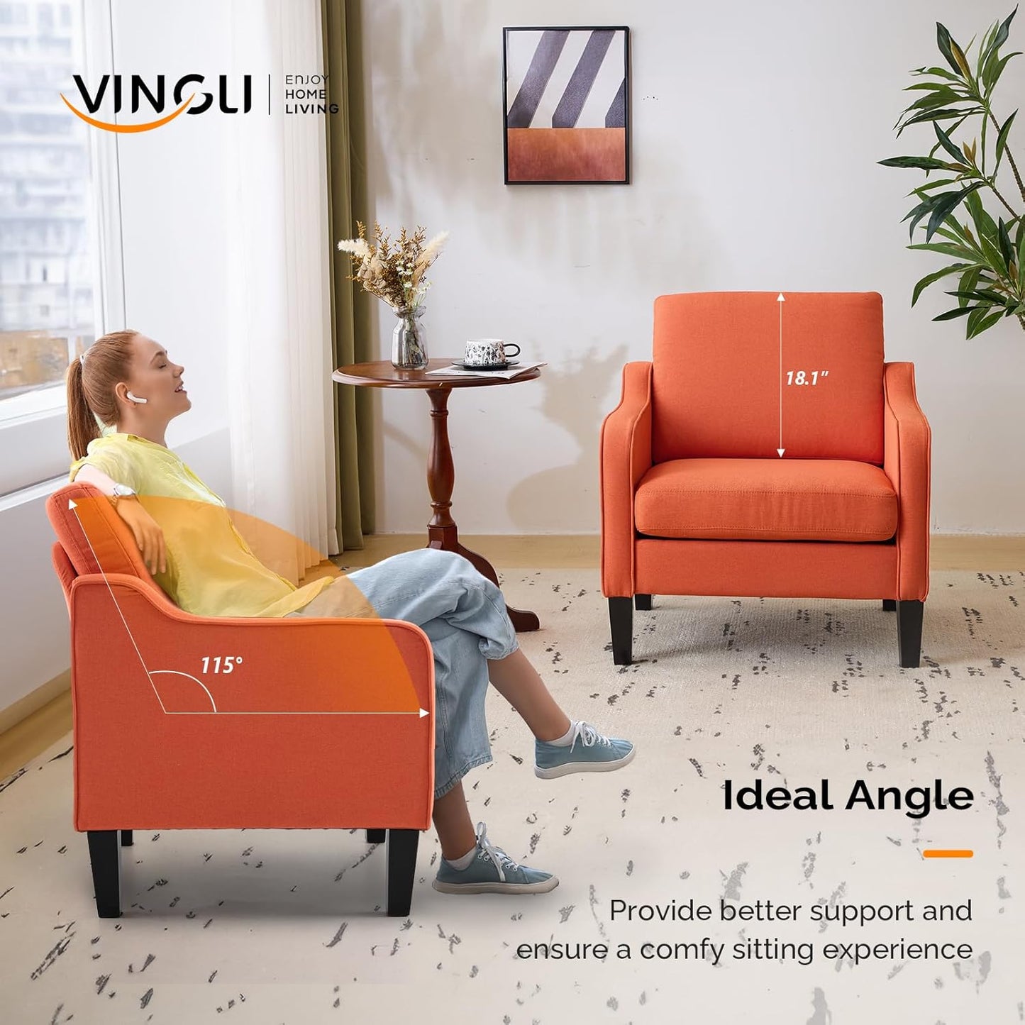 VINGLI Accent Chairs Set of 2 Living Room Chairs Burnt Orange Reading Chair for Bedroom Scooped Arm Chair Mid Century Modern Accent Chairs Upholstered Comfy Chair for Apartment, Waiting Room