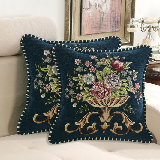 Set of 2 Blue Vintage Embroidered Throw Pillows Covers 18x18in,Vintage Decorations Floral Embroidered Cushion Cover for Sofa Couch Bed Chairs Car