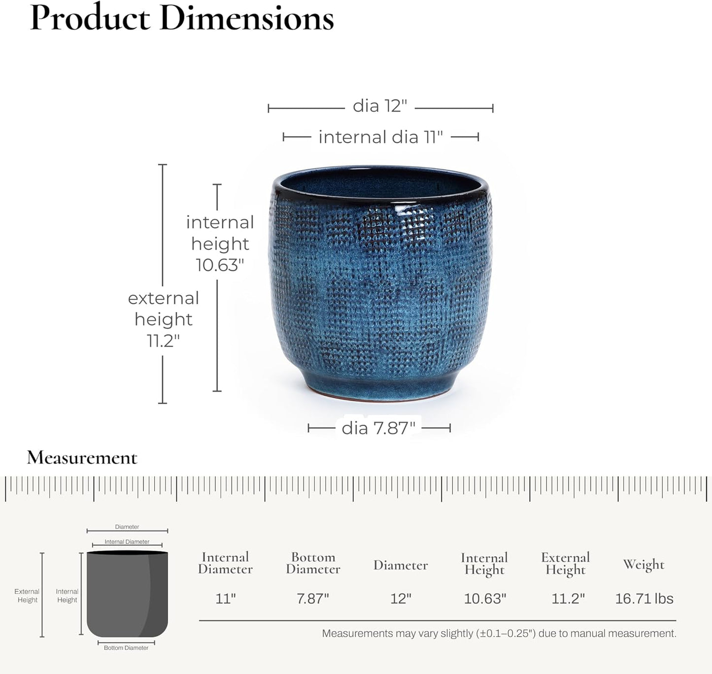 LuxenHome 12" Dia Large Ceramic Pots for Plants, Ocean Blue Glazed Planters for Outdoor Plants, Round Indoor Flower Pots with Drainage Hole and Rubber Plug for Home Garden Patio