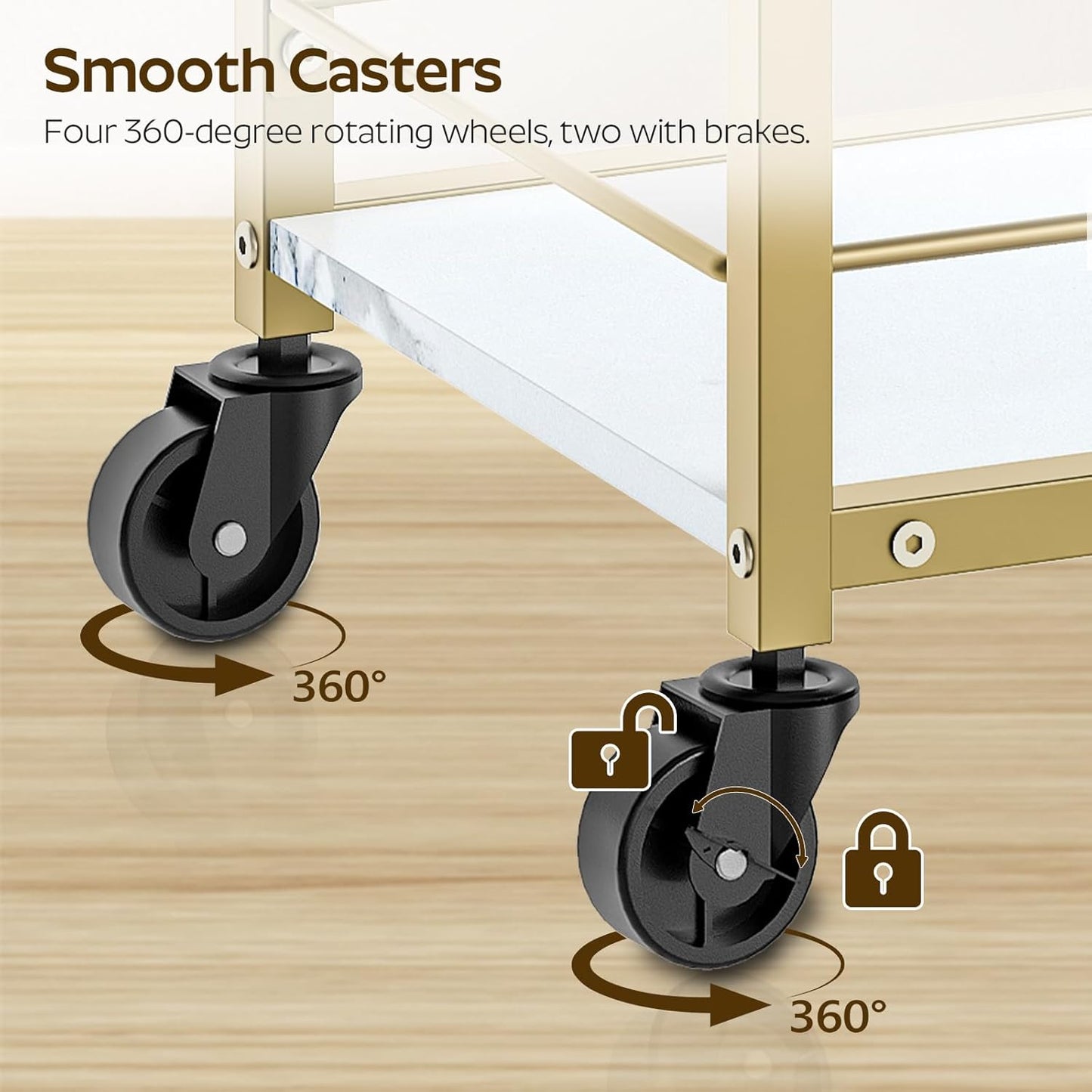 Bar Cart, Gold Bar Cart for The Home, Small Bar Cart on Wheels, Beverage Cart, Home Bar Serving Cart with Glass Holder, Drink Cart for Bar, Kitchen, Dining, Marble White and Gold BC03DW