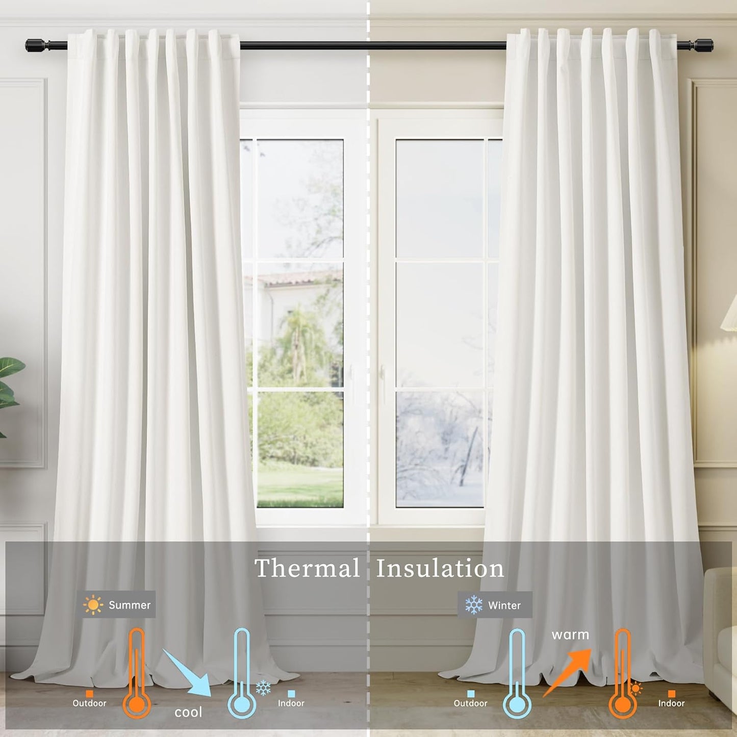 Ivory White Black Out Curtains 80 Inch Long for Bedroom Window Room Darkening Full Light Blocking Curtains Back Tab Neutral Elegant Off White Blackout Curtain Thermal Insulated Linen Drapes 52x80