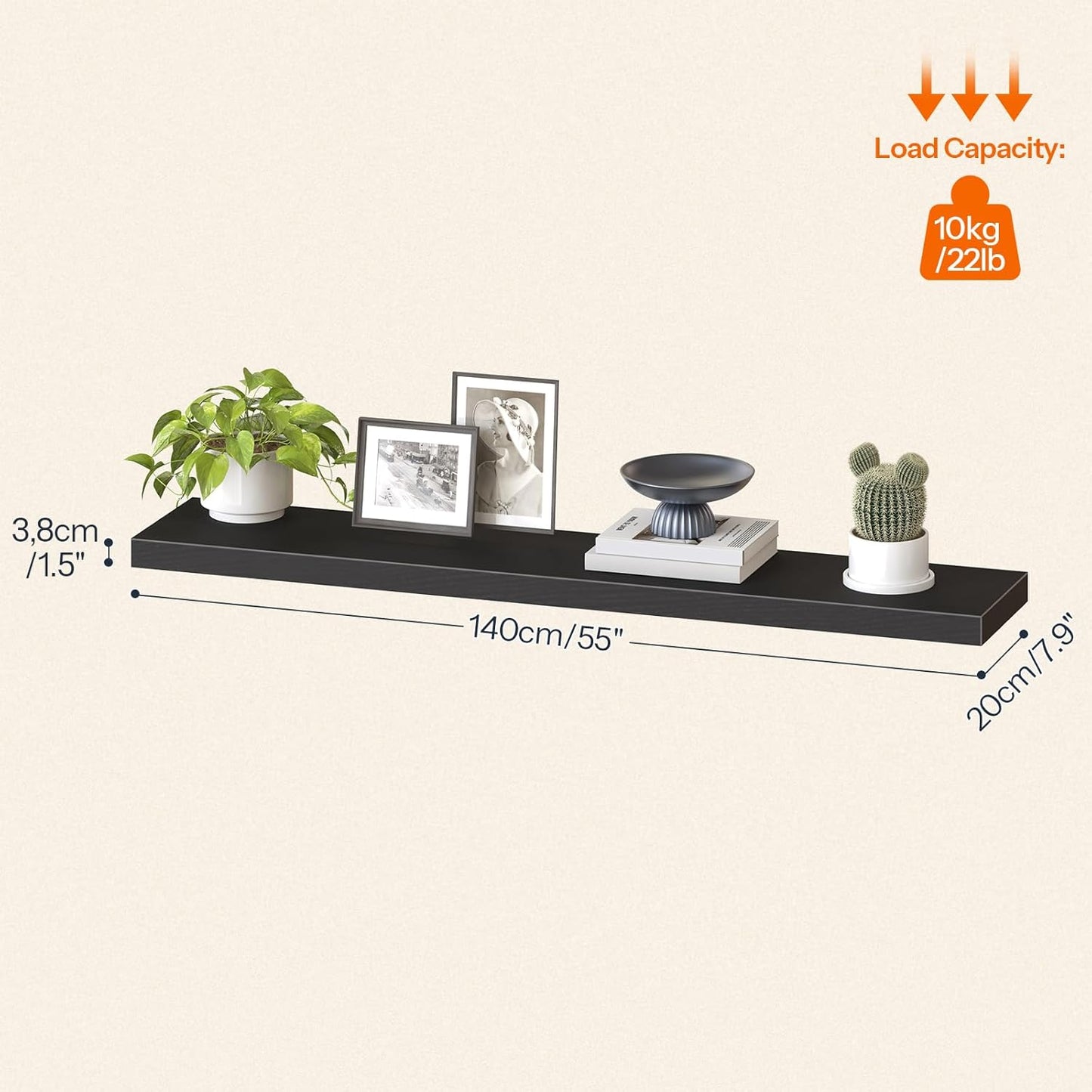 HOOBRO Floating Shelves for Wall, Wall Mounted Shelf Set of 2, 55" Hanging Shelf with Invisible Brackets, for Wall in Bathroom, Bedroom, Toilet, Kitchen, Living Room, Office, Black BK140BJP201