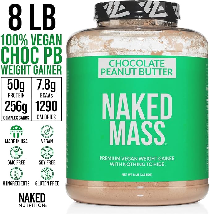 Naked Chocolate Peanut Butter Vegan Mass - 1,290 Calories, Nothing Artificial, All Natural Chocolate PB Weight Gainer Protein Powder - 8LB Bulk, GMO Free, Gluten Free & Soy Free - 11 Servings