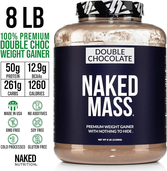 Naked Double Chocolate Mass - 1,260 Calories, 50G Protein, Nothing Artificial. All Natural Weight Gainer Protein Powder - 8Lb Bulk, GMO Free, Gluten Free & Soy Free