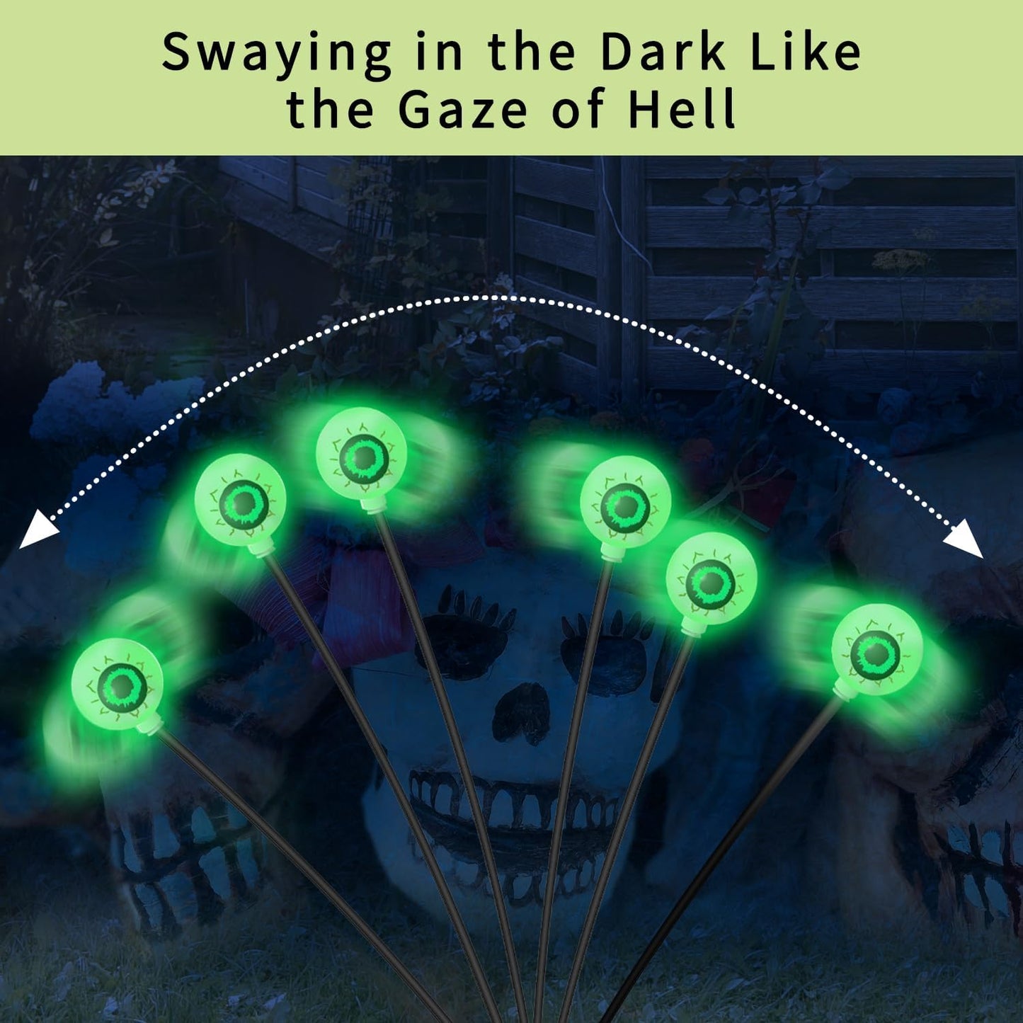 VOTTGO Halloween Solar Lights Outdoor, 8 Pack 48LED Scary Solar Eyeball Pathway Lights, 2 Modes Waterproof Swaying Solar Firefly Lights for Garden Yard Pathway Halloween Decorations, Green