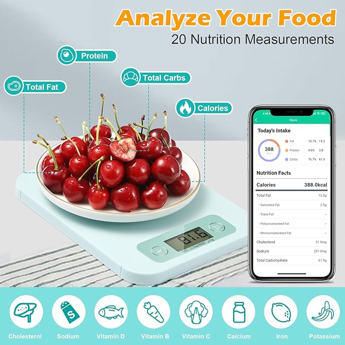 Smart Food Scales for Kitchen - Digital Food Scale with Nutritional Calculator Analysis App, Food Weight Scale Grams and Ounces, Food Scale for Weight Loss, Calories Counting, Meal Prep