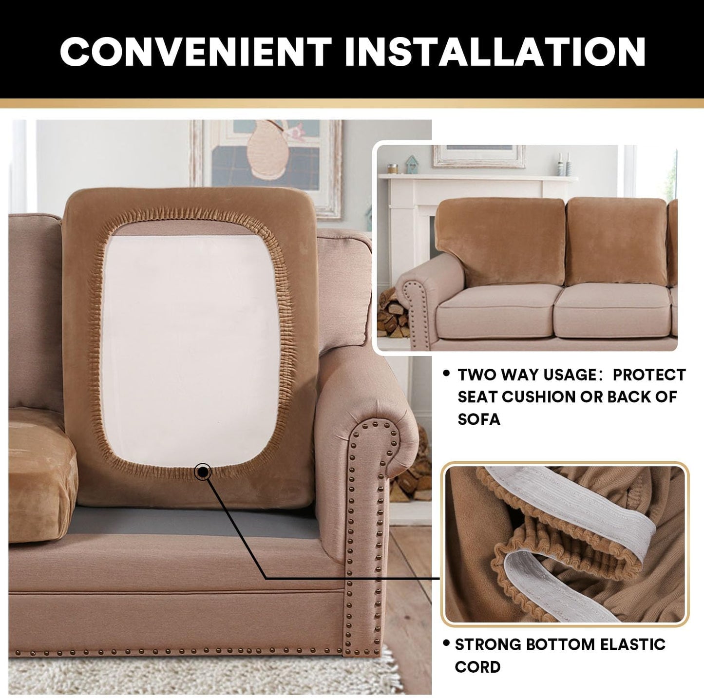 PrinceDeco Velvet Couch Cushion Cover Soft Stretch Cushion Slipcover for Chair Loveseat Sofa Cushion Furniture Protector Seat Cushion Sofa Cover (2 Piece Large Sofa Cushion Covers, Camel)