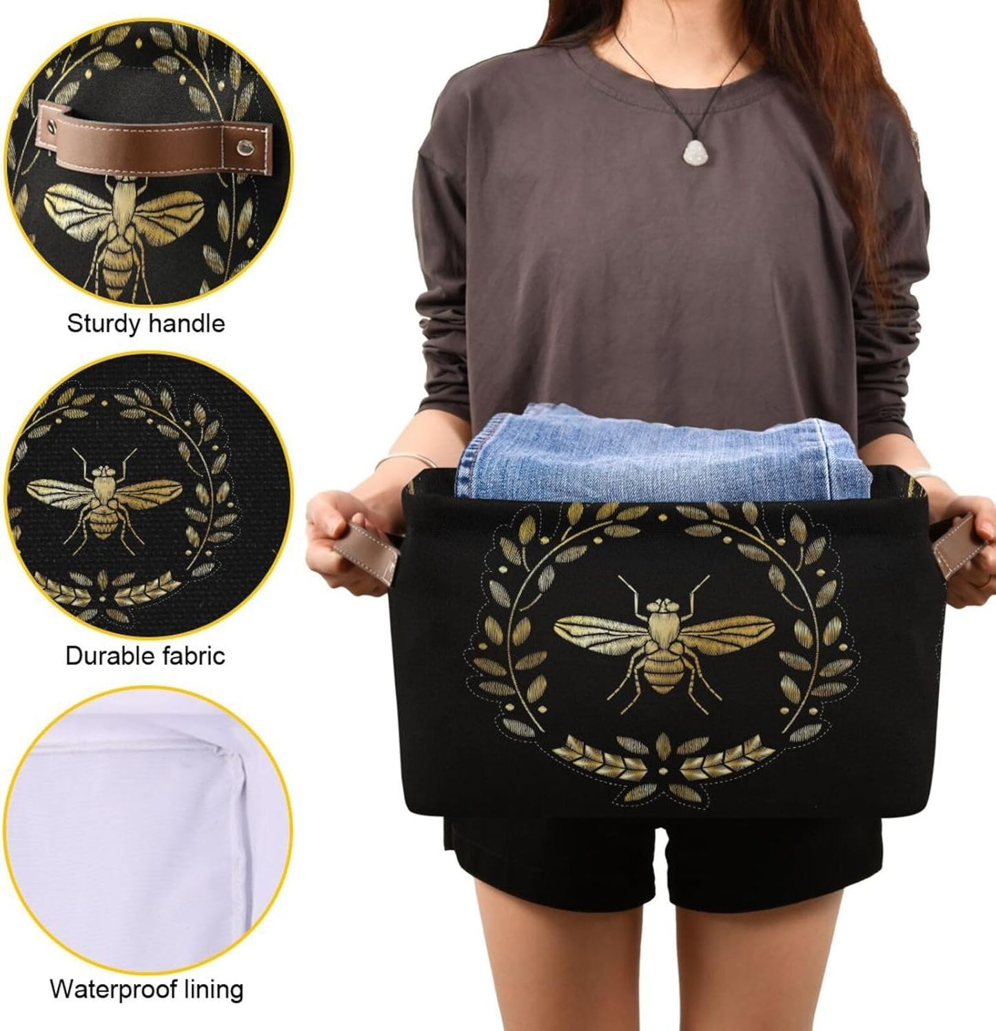 susiyo Storage Baskets for Shelves Organizer Baskets with Metal Frame Closet Storage Bins Fabric Bins Cubes with PU Handles for Organizing Shelf Nursery Toys 2 PACK,Gold Bee Floral