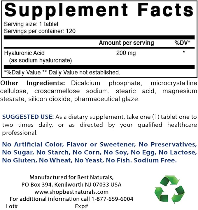 Best Naturals Hyaluronic Acid 200 mg 120 Tablets (120 Count 1))