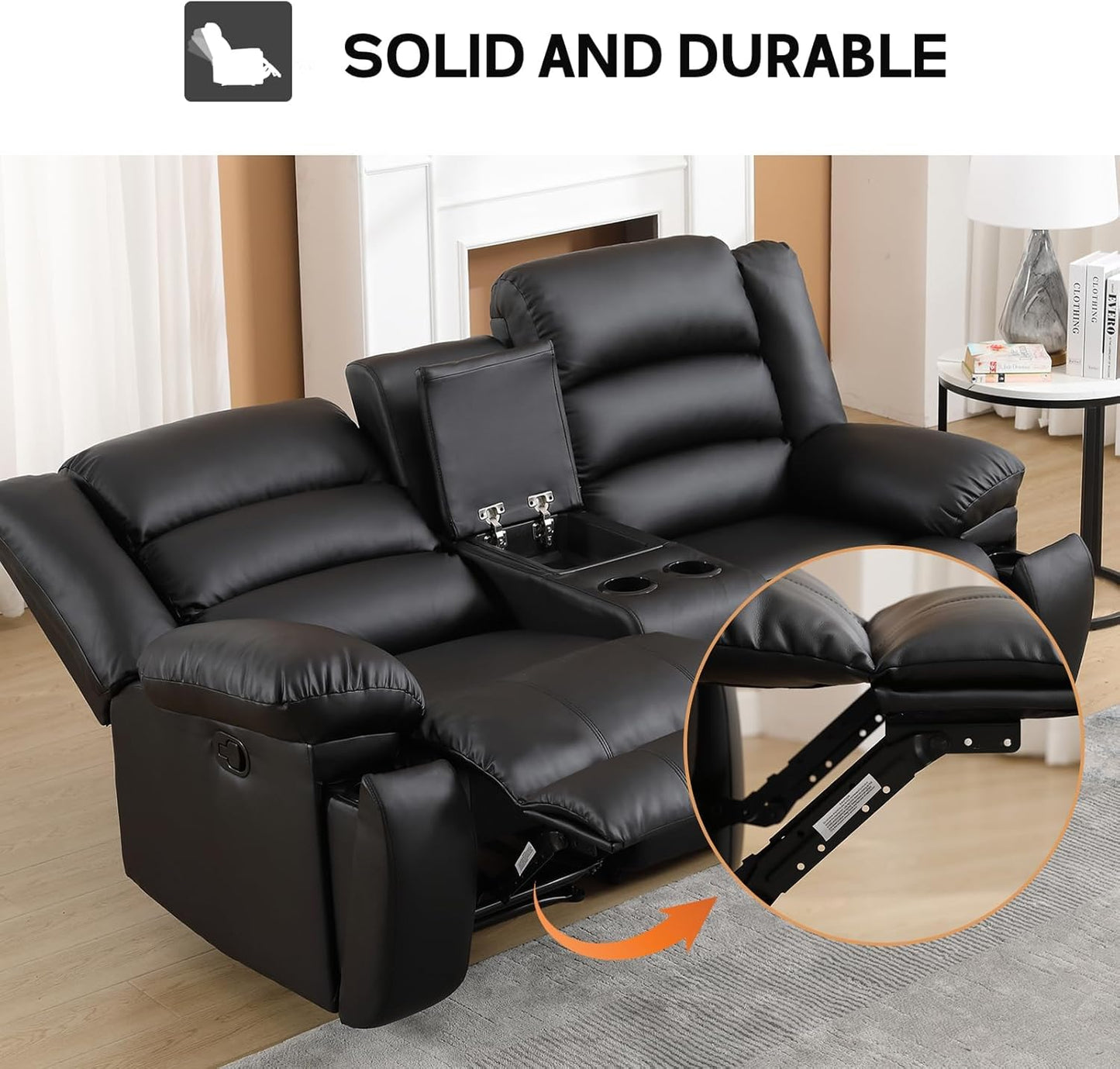 EBELLO Faux Leather Manual Loveseat Recliner, Reclining Sofa Chair with 2 Concealed Cup Holders, Hidden Storage, Overstuffed Armrest Couch Set for Living Room, Bedroom, Meeting Room(Loveseat)
