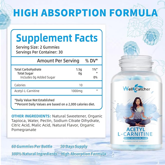 Acetyl L-Carnitine Gummies 1000 MG - Sugar Free L-Carnitine Supplement for Muscular Endurance, Brain Health, Energy Metabolism - Vegan Non-GMO - Blueberry Flavoured - 60 Counts