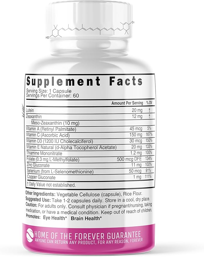 Nutri Lutein 20mg Eye Vitamins Complex A,C,D3,E, Folate 60 Capsules