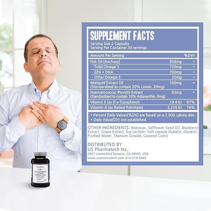 Dr.Brian Vitamins Eye Lutein & Astaxanthin 20mg Omega 3 Fish 720mg EPA+DHA 700mg Astaxanthin 6mg, Support 60 Softgels