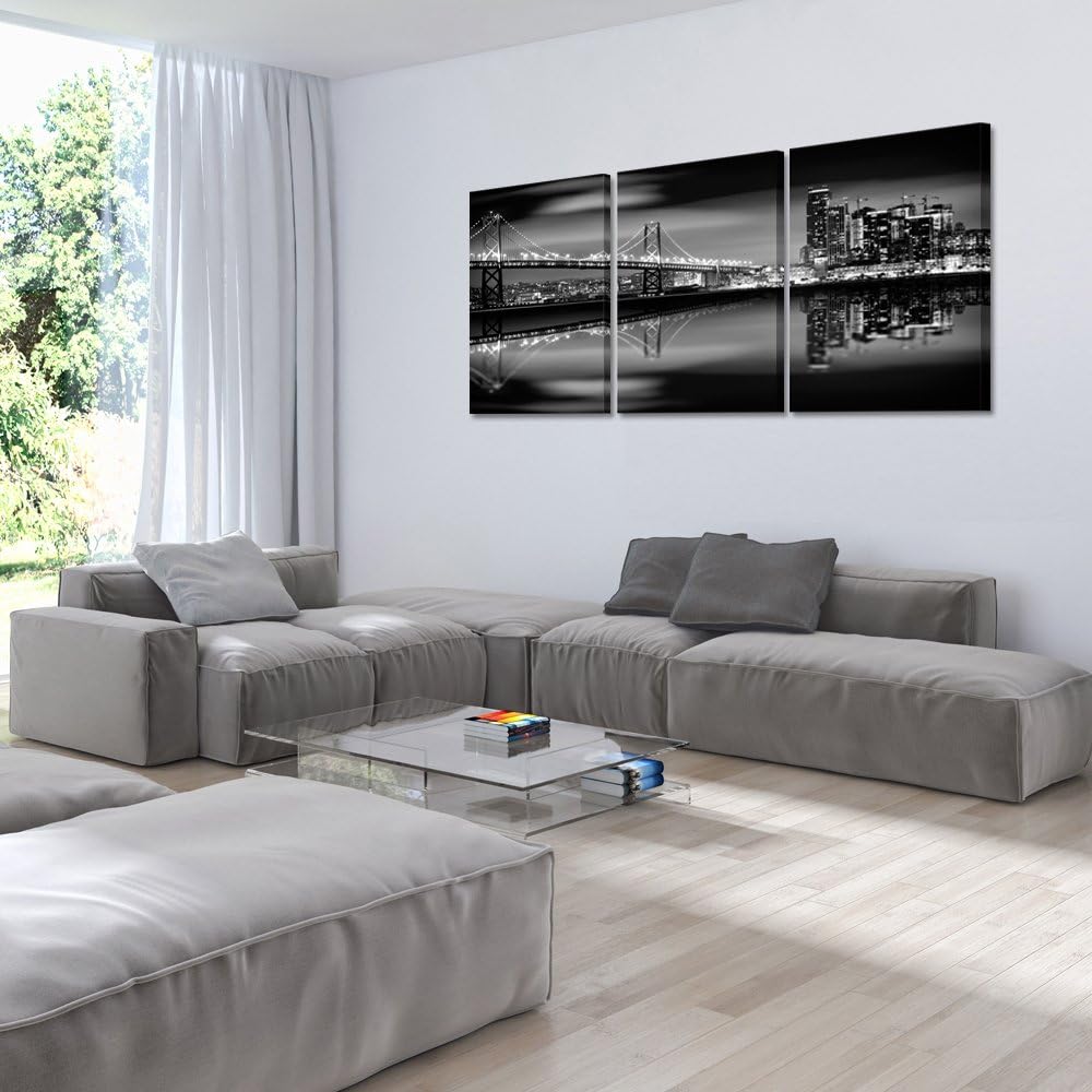KREATIVE ARTS - San Francisco Bay at Night in Black and White Bridge 3 Panels Modern Landscape Artwork Canvas Prints Cityscape Pictures Paintings on Canvas Wall Art for Home Decor (16x24inchx3pcs)
