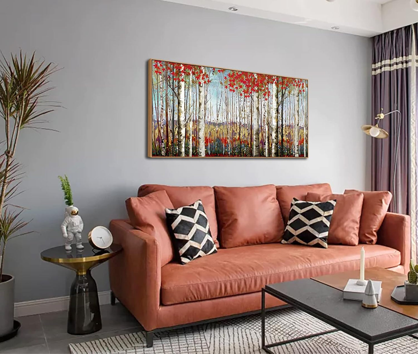 Large Framed Wall Art for Living Room Birch Tree Wall Decor Red Forest Painting Artwork Wall Decoration Nature Pictures Wall Art Fall Above Bed Wall Decor