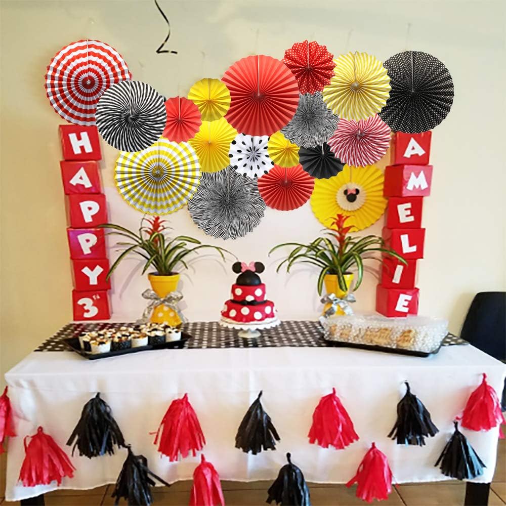 Party Hanging Paper Fans Set, Black Round Pattern Paper Garlands Decoration for Birthday Wedding Graduation Events Accessories, Set of 6