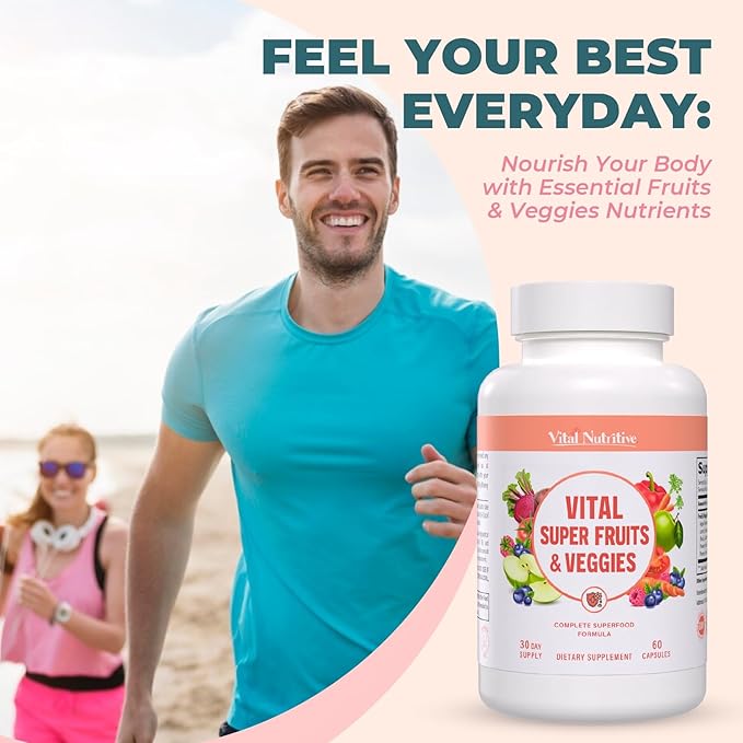 Vital Super Fruits & Veggies - Daily Superfood Capsules for Adults - Fruit & Vegetable Supplements to Boost Immunity & Energy - 2-in-1 Formula for Overall Wellness - Fruit and Vegetable Capsules