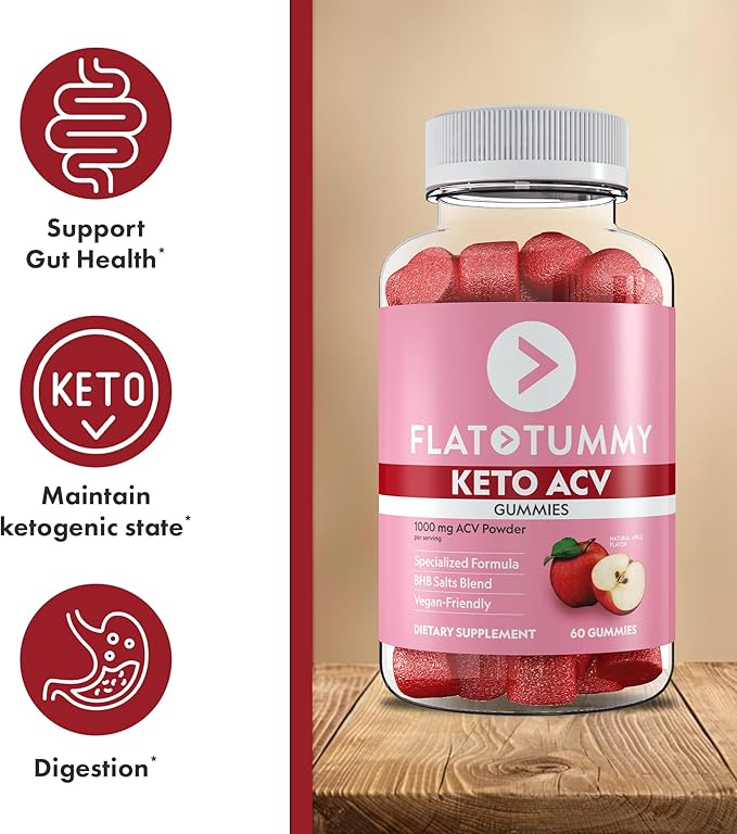 Flat Tummy Keto ACV Gummies, 60 Count – Specialized Keto Formula, Vegan-Friendly, Non-GMO - Apple Cider Vinegar Gummies with BHB Salts, Beet and Pomegranate Superfood Powders