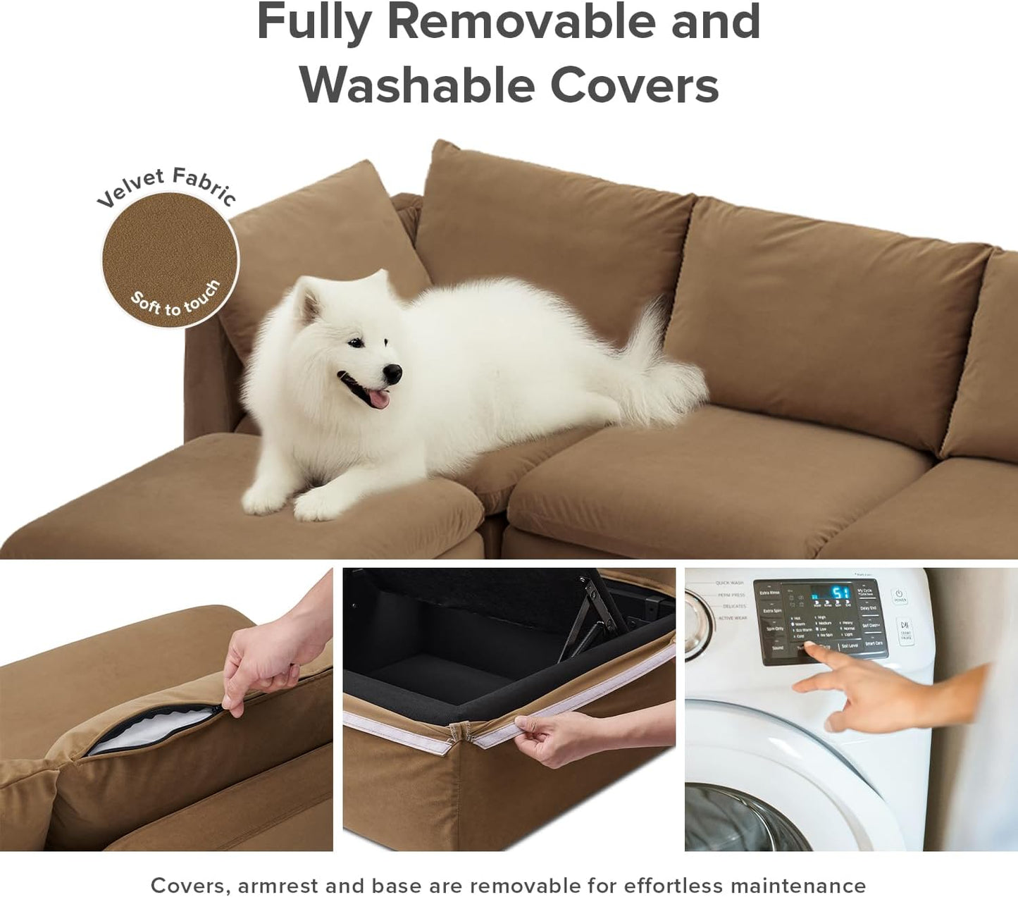 mopio Oversized Modular Sectional Sofa with Fully Removable Covers and Storage, Convertible U, L-Shaped and Sleeper Sectional, Modern Couches with Ottoman Chaise (Hazelnut Velvet, 9 Seats, Sleeper)