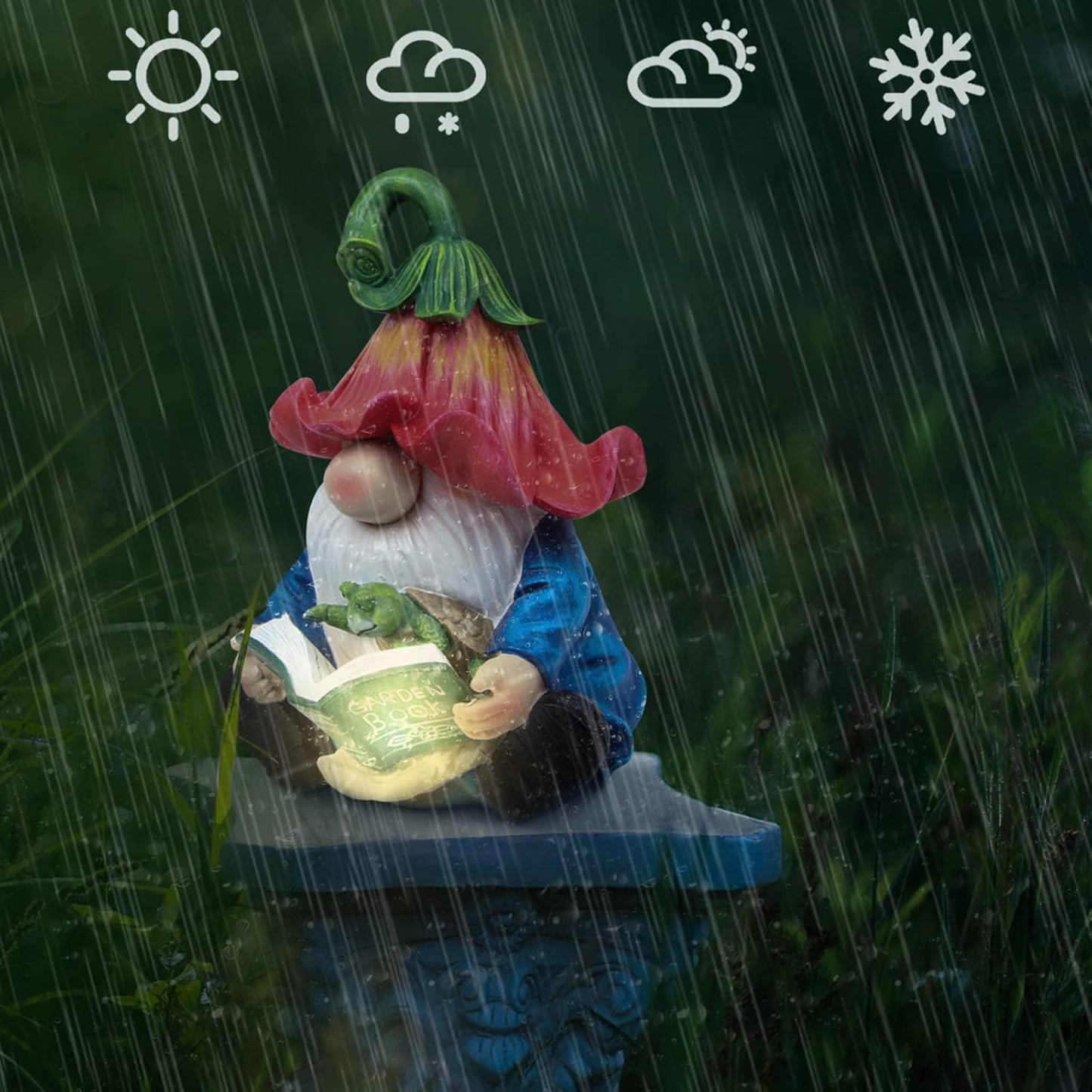 Garden Gnome Statue-Resin Gnome Figurine Hugging Turtle Reading Book with Solar LED Lights,Outdoor Summer Decorations for Patio Yard Lawn Porch,Garden Ornament Gift