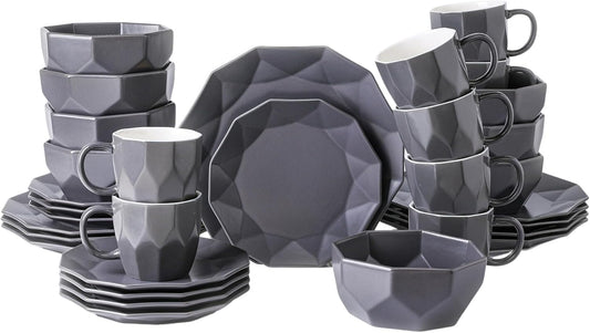 Stone + Lain Jamie Porcelain 32-Piece Geometric Dinnerware Set, Grey