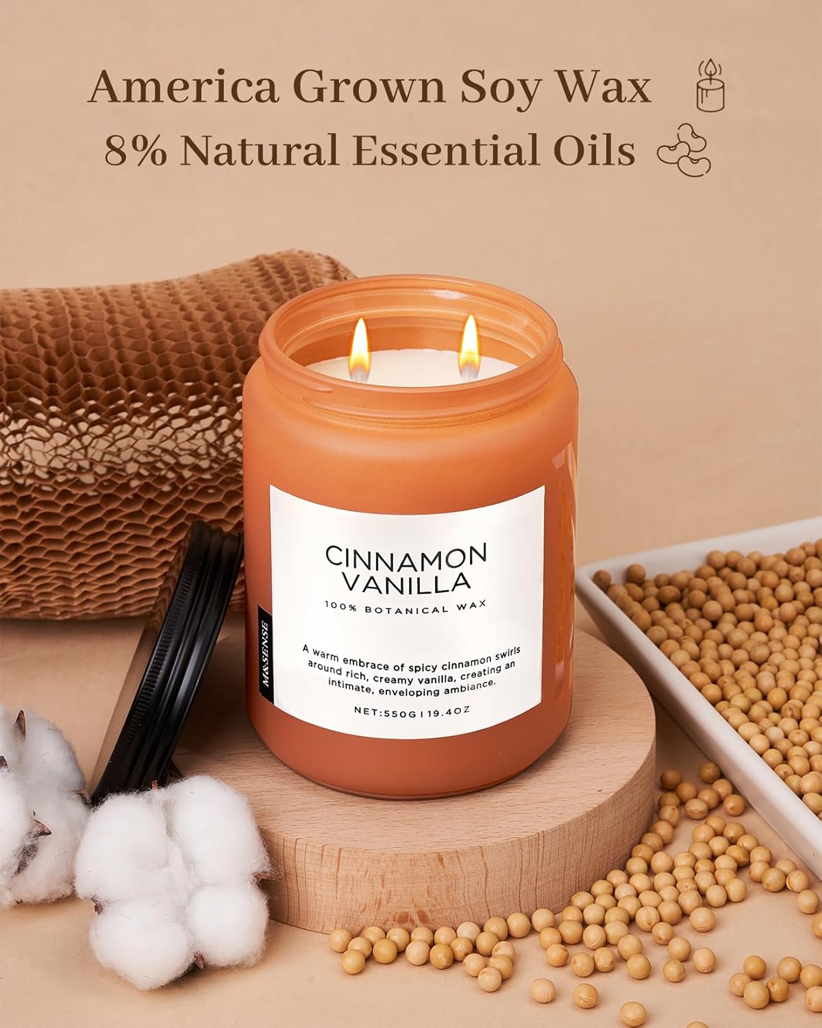 M&SENSE Cinnamon Vanilla Fall Scented Candles for Home, Natural Soy Wax 19.4oz 110 Hours Large Long Lasting Strong Scented Classic Christmas Holiday 2 Wicks Candle Gift Home Decor