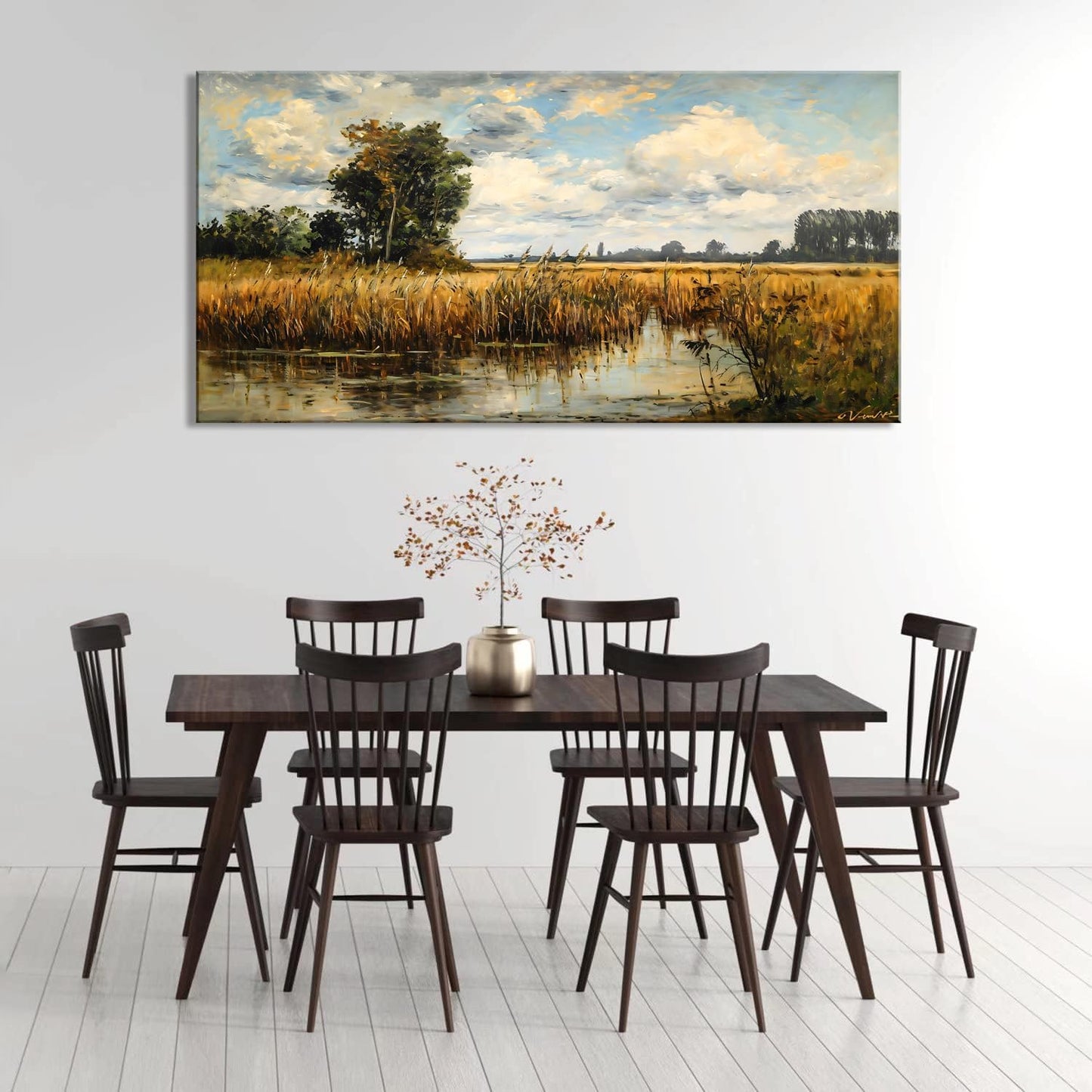 LASMOND Beautiful Wilderness Meadow Canvas Wall Art Oil Painting Reproduction Print Vintage Wildflower Field Scenery Countryside Landscape Tree Rustic Retro Decor Artwork Country Farmhouse Living Room 24x48 Inches