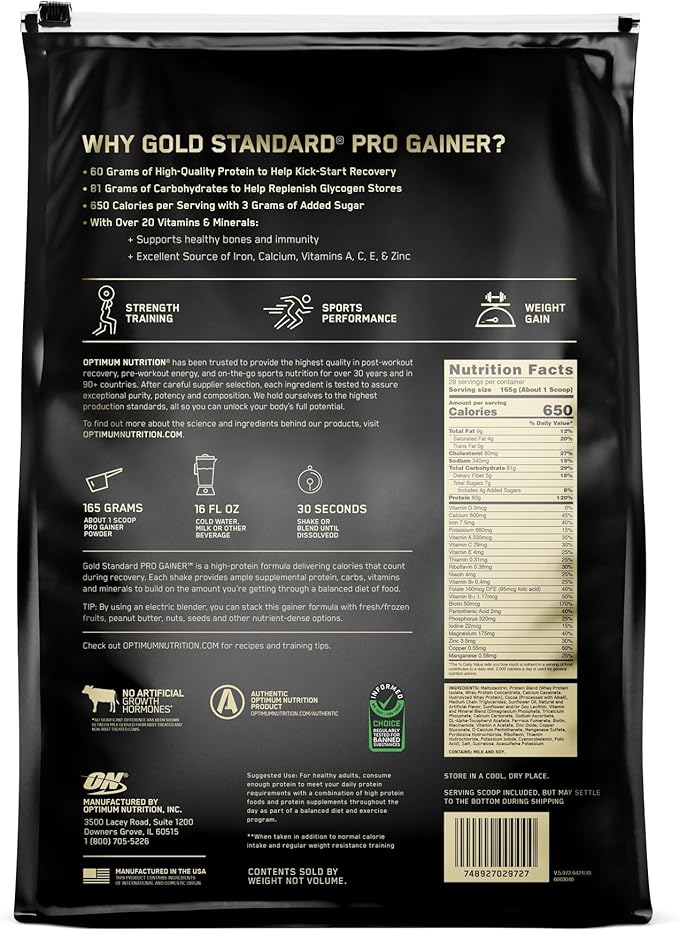 Optimum Nutrition Gold Standard Pro Gainer, Weight Gainer Protein Powder, Double Chocolate, 10.19 Pounds (Packaging May Vary)