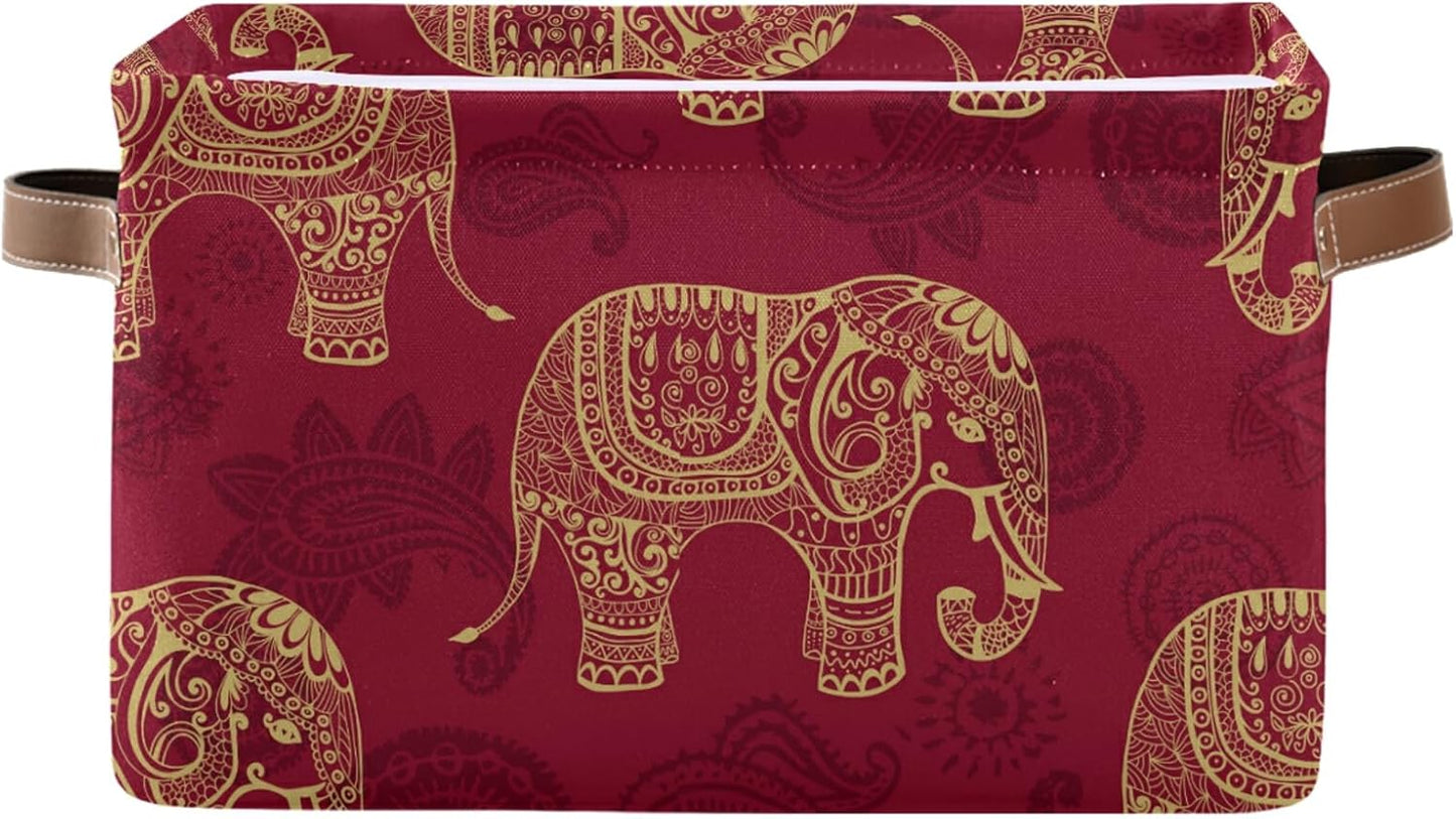 susiyo Foldable Storage Bins Large Collapsible Fabric Storage Baskets with Leather Handles Organizing Box for Shelves Home Bedroom Nursery Office 1 Pack,Indian Tribal Elephants