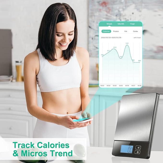 Smart Food Scales for Kitchen, Stainless Steel Digital Food Scale Grams and Ounces with Nutritional Calculator App, Food Weight Scale for Weight Loss, Calorie, Diet, Meal Prep 0.1oz / 11lb