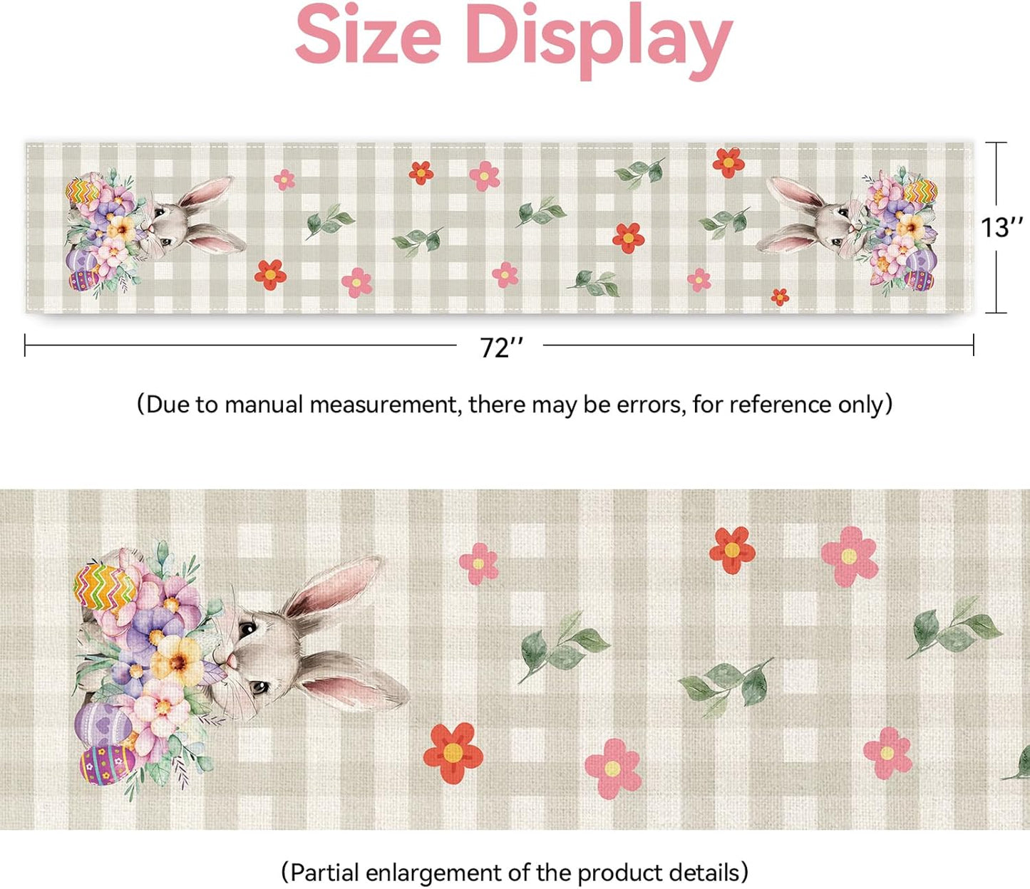 Easter Table Runner 13x72 Inch Bunny Rabbit Flowers Leaves Buffalo Plaid Eggs Seasonal Holiday Kitchen Dining Table Decoration for Indoor Kitchen Dining Home Party Decor