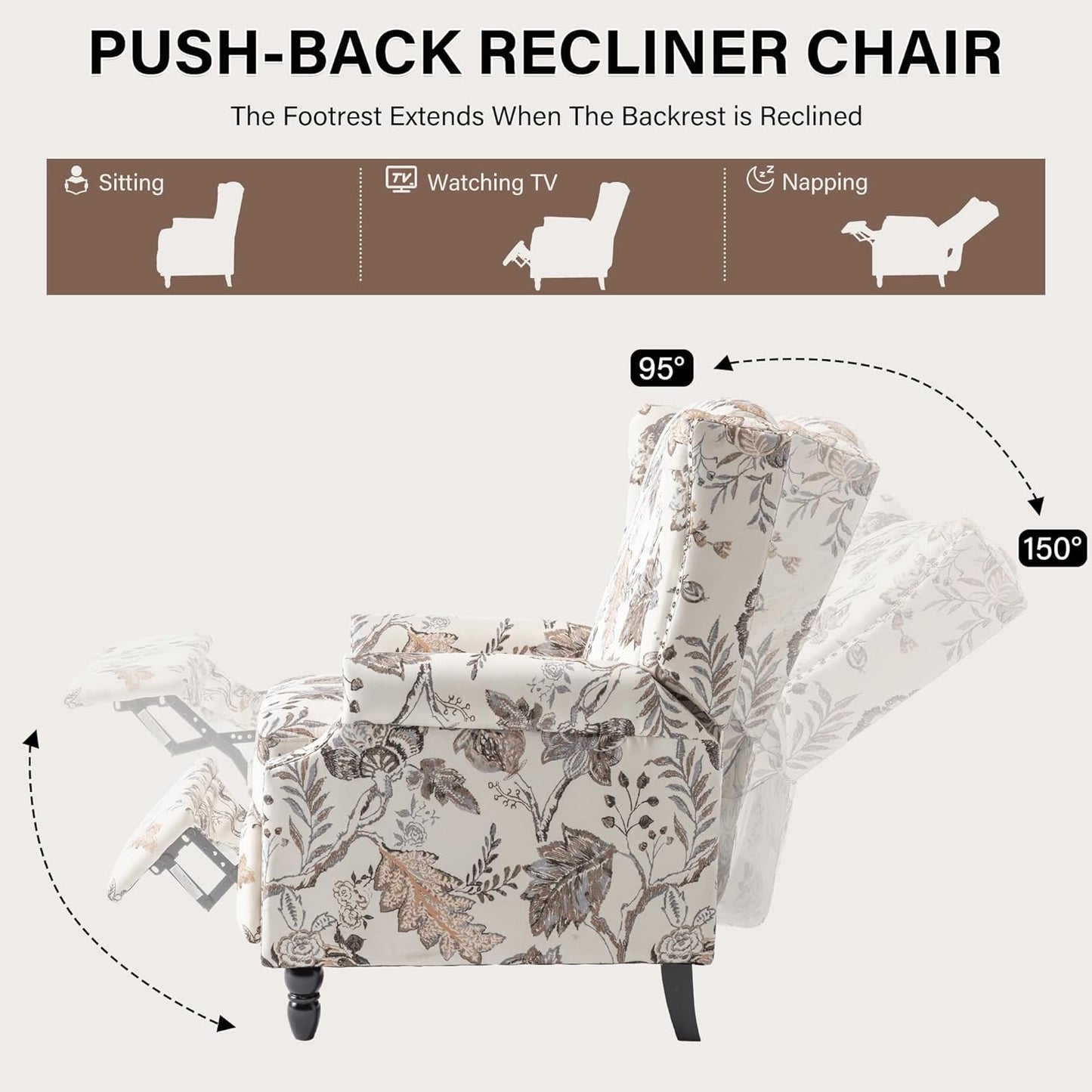 UIXE Recliner Chairs Set of 2, Fabric Upholstered Armchair Pushback Accent Chair for Living Room, Floral Rivet Trim Club Chair Home Theater Single Sofa Bedroom Side Reading Seat - Beige Plants