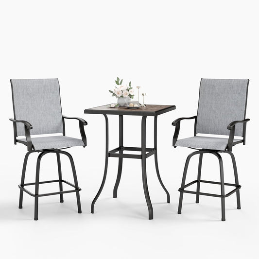 Sophia & William Outdoor Bar Set, Patio Bar Table and Chairs Set, Bar Height Patio Set - 2 x Swivel Bar Chairs(Grey), 1 x Square Bar Table(Wood-Like)