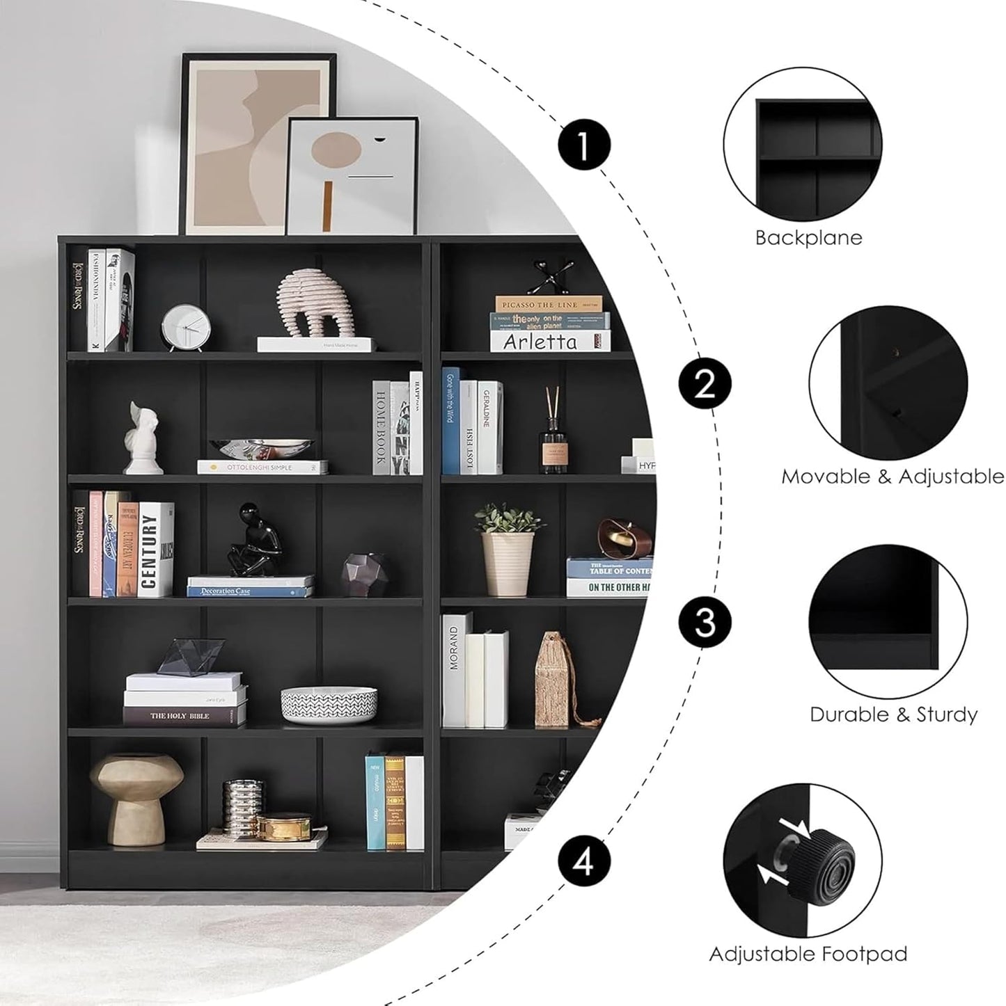 Bookshelf, Open Modern Bookshelf, 5 Shelf Bookcase with Freestanding Display Storage, Wooden Book Shelf for Bedroom, Living Room, Dinning Room, Office, 60 Inch, Black