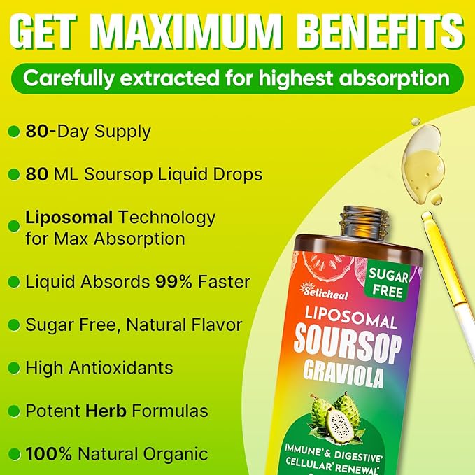 Soursop Bitters Liquid 880MG, Soursop Multivitamin Liquid Drops with Soursop Leaves Herbal Blend, for Cell Support & Regeneration, Immunity, Liver, Gut, Zzz & Antioxidant | 2.8 Fl Oz - 80 Days Supply