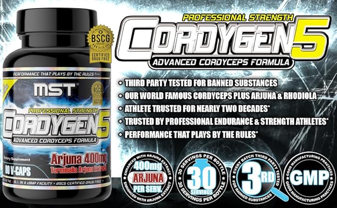 MST Millennium Sport Technologies, Cordygen5, US Grown Cordyceps ATP Supplement, Terminalia Arjuna Extract, Preworkout and Pre Endurance, Immune Support, BSCG Certified Drug Free, 90 VCaps