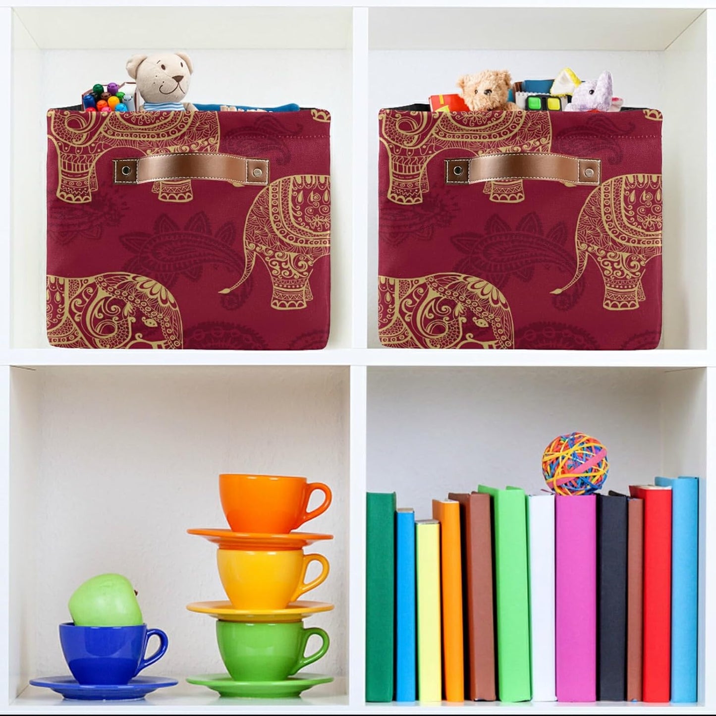 susiyo Foldable Storage Bins Large Collapsible Fabric Storage Baskets with Leather Handles Organizing Box for Shelves Home Bedroom Nursery Office 2 Pack,Indian Tribal Elephants