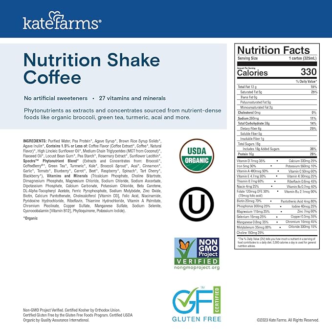 KATE FARMS Organic Nutrition Shake, Coffee, 16g protein, 27 Vitamins 11 oz (6 Pack)