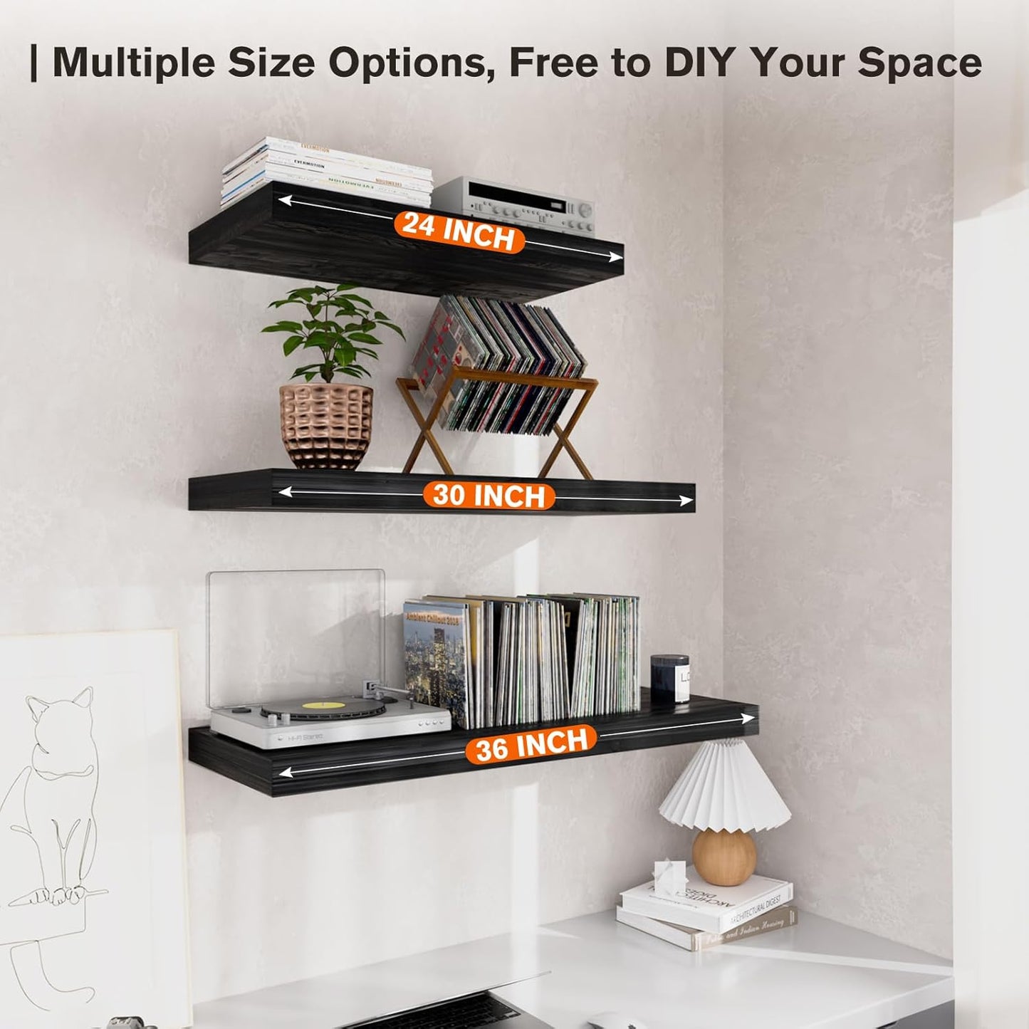 Large Floating Shelves for Wall Set of 2 Wooden Wall Shelves 30 in x 12.75 in x 2 in Room Decor Long Shelf with Invisible Wall Mount Bracket for Bedroom Kitchen Living Room Black Wood