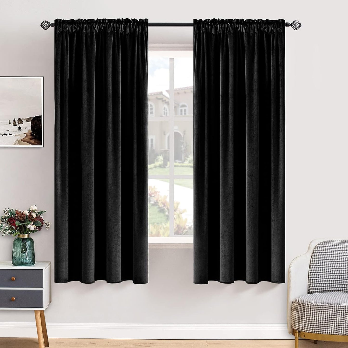 MIULEE Black Velvet Curtains Thermal Insulated Blackout Halloween Curtain Drapes for Bedroom Living Room Darkening 63 Inches Long Curtains Panels Rod Pocket Set of 2