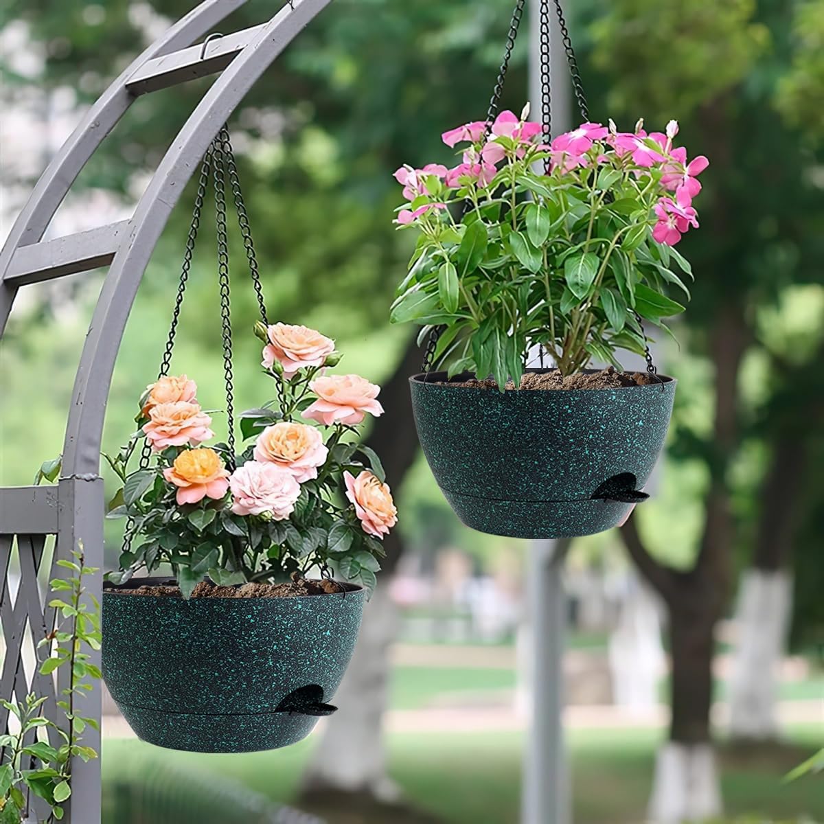 12 Inch Hanging Baskets 2 PC with Chains, Self-Watering Hanging Planters for Indoor Outdoor Plants, Plastic Hanging Flower Pots, Black with Green Speckles