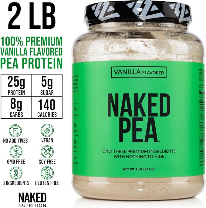 Naked Vanilla Pea Protein Isolate from North American Farms, Only 3 Ingredients, Vanilla Vegan Protein, Gluten-Free, Soy Free, GMO Free - 2LB