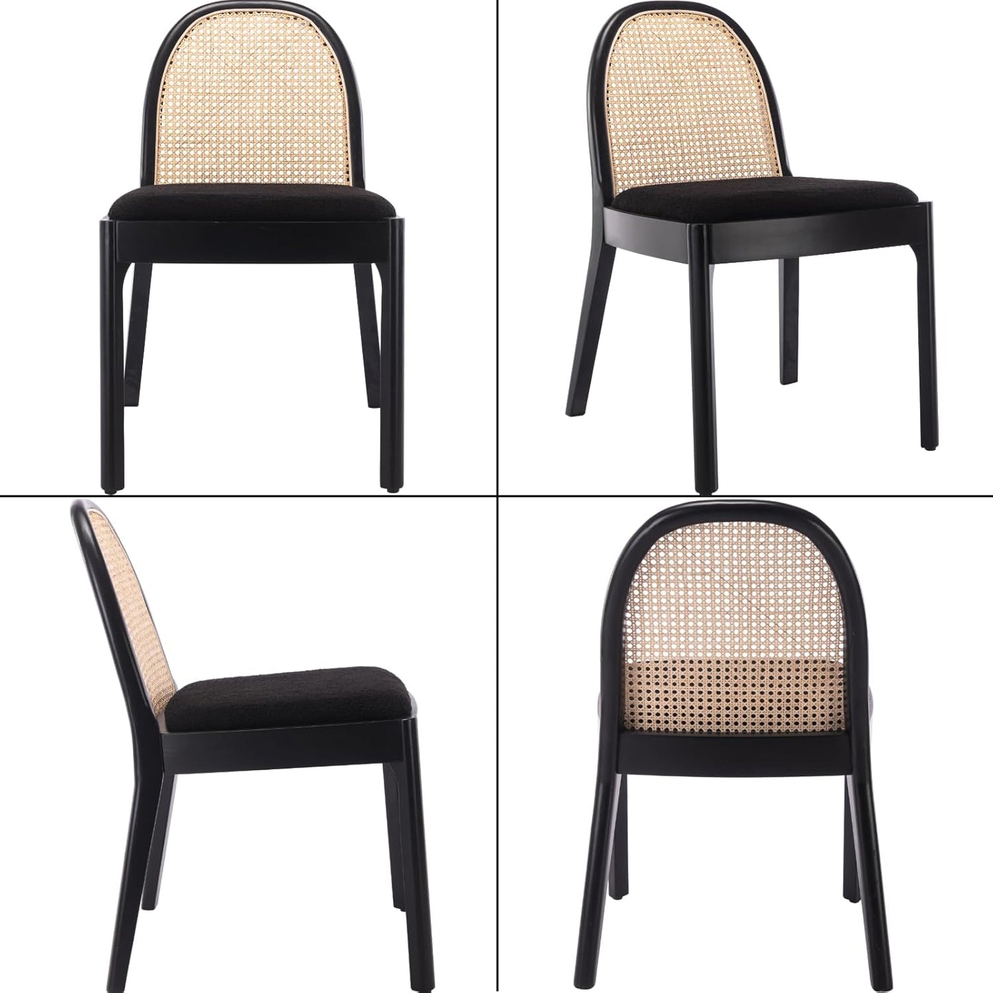 Mid Century Dining Chairs Set of 6, Accent Rattan Sherpa Fabric Side Chairs Kitchen Chair with Solid Wooden Legs for Living Room Dining Room, Black